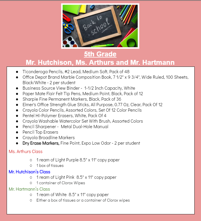 5th grade supply list